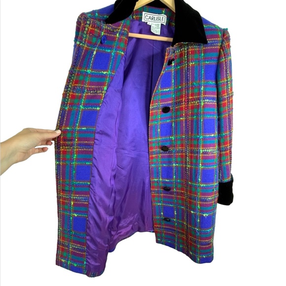 VTG Carlisle Wool Plaid Pea Coat 2 Double Breasted Velvet Old Money Retro Twee - Picture 2 of 13